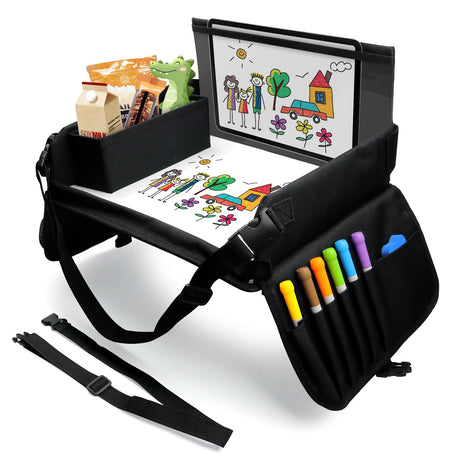 Julaiwy Kids Travel Tray for Toddler Car Seat Carseat Table Tray for Kids Road Trip Activities Car Trays for Kids Roadtrip Essentials Toddler Lap Desk Organizer for Airplane - Black