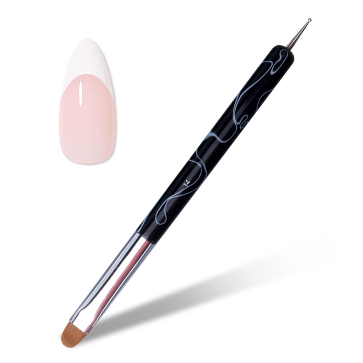 French Nail Brush 2 Way French Gel Acrylic Nail Art Kolinsky Brush With Dotting Tool for Professional Manicure Cuticle Clean Up Nail Art Design Wave Pattern Handle (NB125-#16 Black)