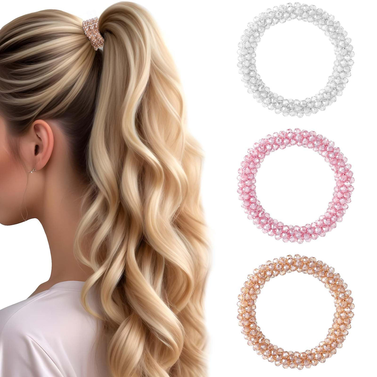 Mabor 3Pcs Rhinestone Hair Ties High Ponytail Holder Bling Elastic Fancy Beaded Hair Ties Decorative Glitter Pretty Hair Scrunchie Stretchy Hair Accessories for Women Girls