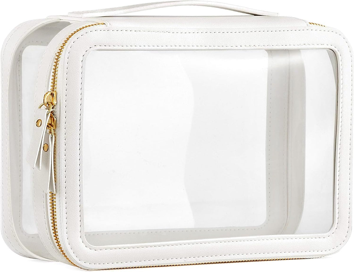 HBlife Clear Makeup Bag Organizer Portable Travel Toiletry Cosmetic Bag Case for Women Large Make Up Bag Makeup Train Case Transparent Storage Bag Pouch with Handle(White)
