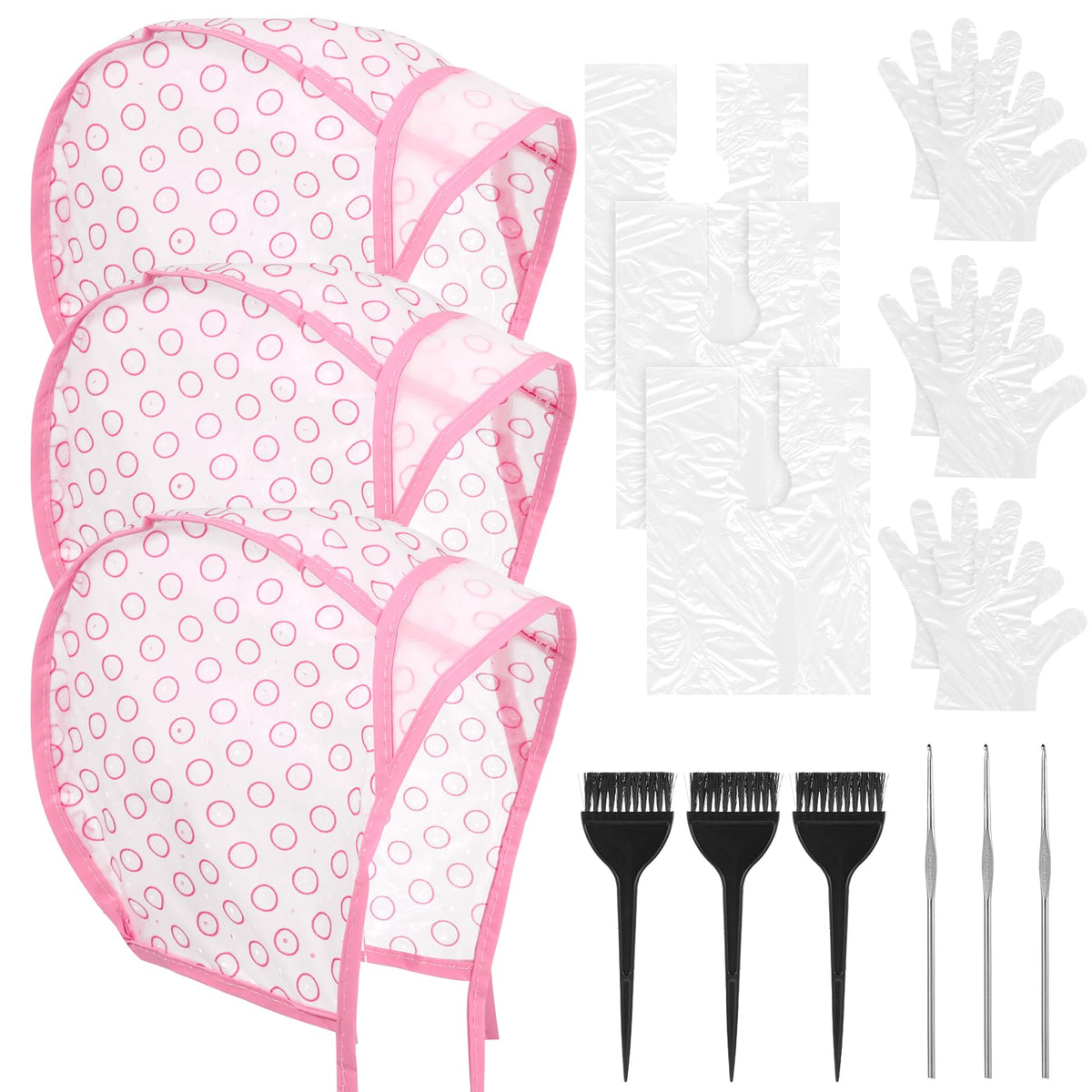 15PCS Hair Highlighting Kit Includes Highlight Caps for Hair Hair Highlighting Crochet Hooks Dye Brushes GlovesHair Dye Shawlfor Salon Hair Dyeing Hairdressing(Pink)