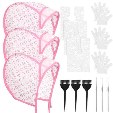 15PCS Hair Highlighting Kit Includes Highlight Caps for Hair Hair Highlighting Crochet Hooks Dye Brushes GlovesHair Dye Shawlfor Salon Hair Dyeing Hairdressing(Pink)