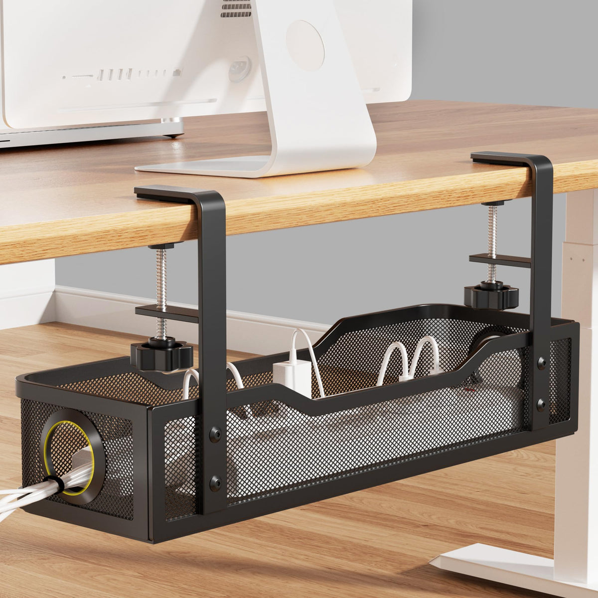 Under Desk Cable Management Tray Cinati 16" Cable Management Under Desk with Clamp No Drill Cable Organizer for Table Thickness up to 3" No Damage to Cable Management Box for Office Home (Black)