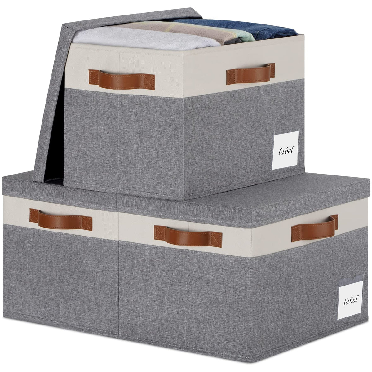 PFFVRP Extra Large Storage Bins with Lids Foldable Fabric Storage Baskets with Lids Sturdy Storage Boxes with Labels and 3 PU Handles for Closet Home Bedroom Office (32L 3 Packs Grey&White)