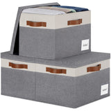 PFFVRP Extra Large Storage Bins with Lids Foldable Fabric Storage Baskets with Lids Sturdy Storage Boxes with Labels and 3 PU Handles for Closet Home Bedroom Office (32L 3 Packs Grey&White)