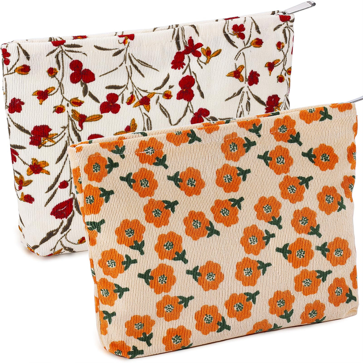 ZLFSRQ 2Pcs Daisy Flower Makeup Bag Travel Cute Cosmetic Bags for Women Large Floral Makeup Pouch Zipper Cosmetic Pouch Set for Purse Aesthetic Corduroy Makeup Organizer Bag Portable Toiletry Bag