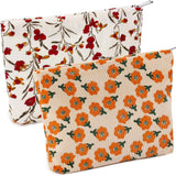 ZLFSRQ 2Pcs Daisy Flower Makeup Bag Travel Cute Cosmetic Bags for Women Large Floral Makeup Pouch Zipper Cosmetic Pouch Set for Purse Aesthetic Corduroy Makeup Organizer Bag Portable Toiletry Bag