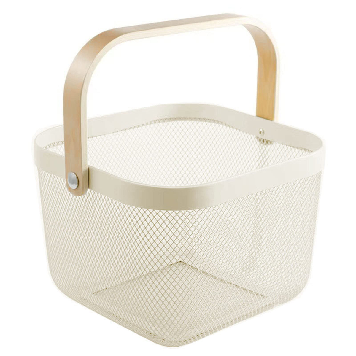 AJIODA Metal Mesh Steel Basket Storage Organizer Basket Multi-functional Hanging Kitchen Baskets Fruit Basket Bin with Bamboo Handle for Kitchen Bathroom Picnic Shopping Decor Cabinet Home Beige