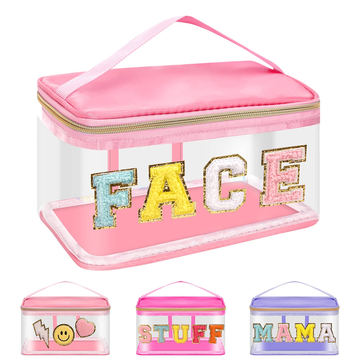 Iqimott Preppy Clear Makeup Cosmetic Bag for Women Travel Nylon PVC Chenille Glitter Letter Toiletry Storage Tote Bag Transparent Waterproof Organizer Zipper Pouch with Handle(Face Pink)