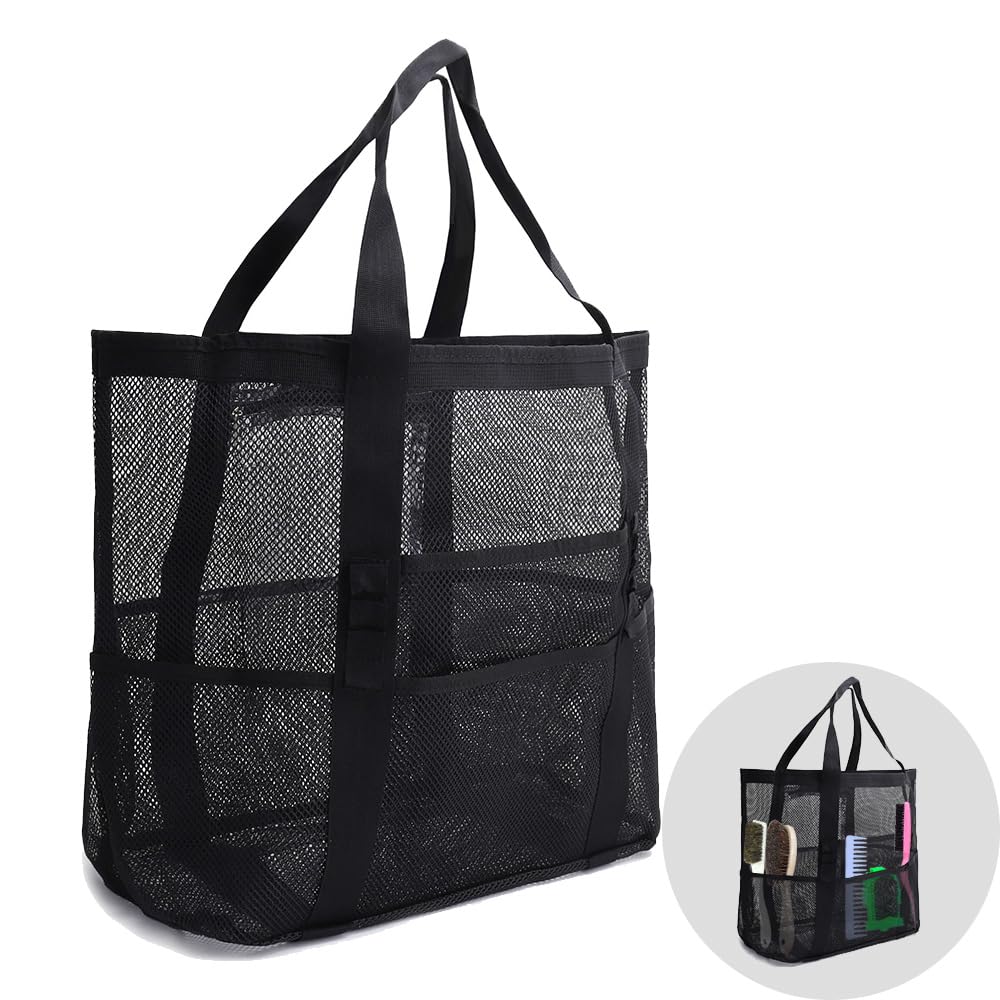 Smanllan Horse Grooming Organizer Bag8 Pockets Waterproof Horse Grooming Tote Bag with Mesh (Black)