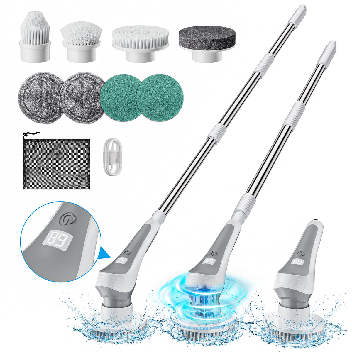 Electric Spin ScrubberCordless Cleaning Brush with Power Display ScreenIP68 Waterproof Shower Cleaning Brush with 8 Replaceable Brush HeadsAdjustable & Detachable Handle and 2 Adjustable Speeds