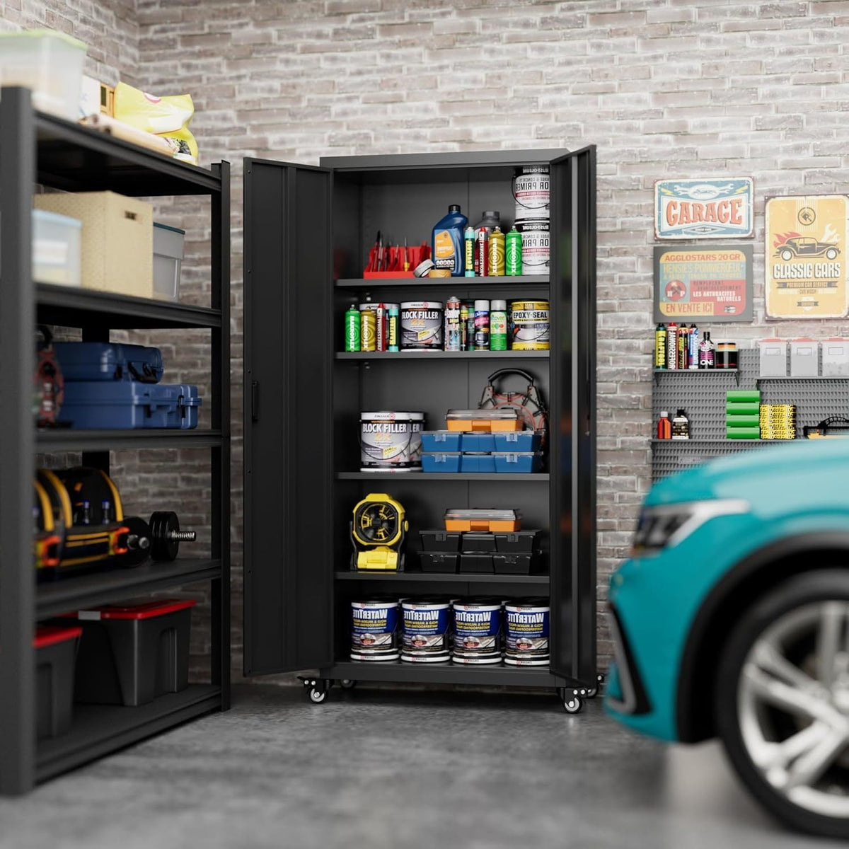Garage Storage Cabinet With Optional Wheels, Metal Lockable File Cabinet With 2 Doors And 4 Adjustable Shelves,Tool Storage,Home Office Garage,Gym,School Black