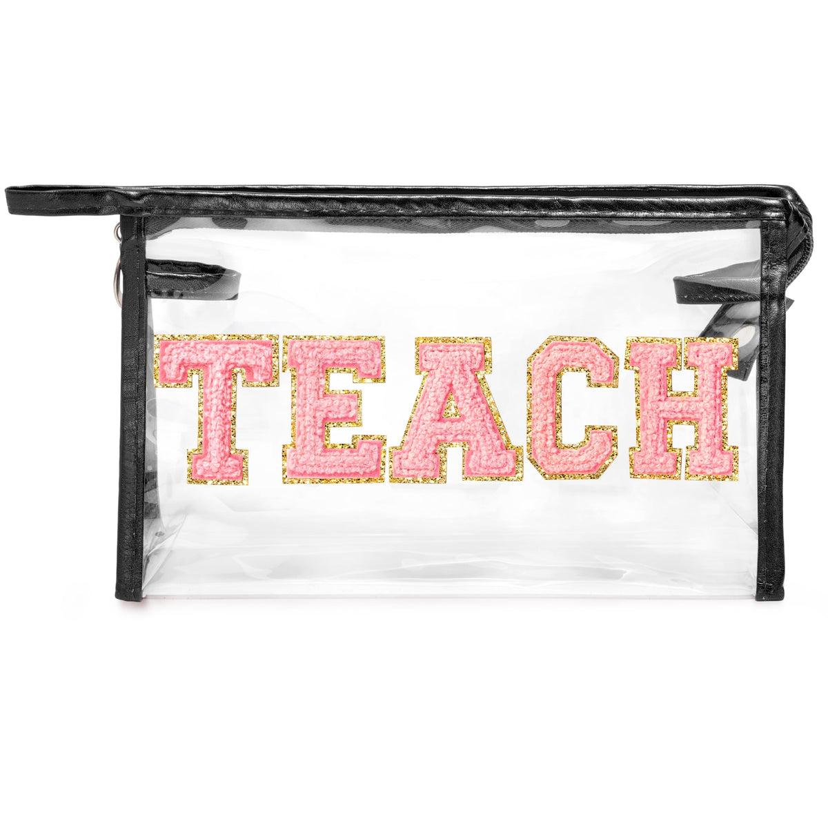CY2SIDE TEACH Clear Makeup Bag - Pink TEACH Letter Patch Cosmetic Bag with Handle for Travel PVC Zipper Clear for Toiletries Waterproof Portable Travel Organizer Teacher Appreciation Gifts Black
