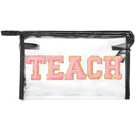 CY2SIDE TEACH Clear Makeup Bag - Pink TEACH Letter Patch Cosmetic Bag with Handle for Travel PVC Zipper Clear for Toiletries Waterproof Portable Travel Organizer Teacher Appreciation Gifts Black
