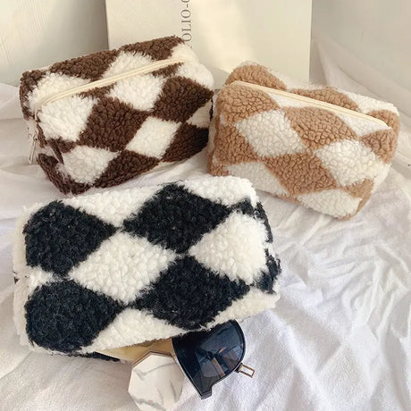 Checkered Plush Cosmetic Bag - Aesthetic Travel Pouch