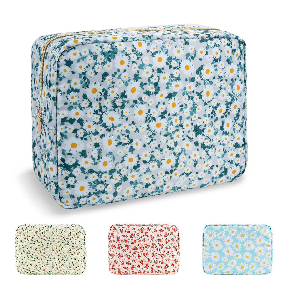 Waterproof Large Floral Makeup Bag PouchNylon Travel Toiletry Storage Bag Preppy Flower Cosmetic Bag for Women GirlLarge Capacity Makeup Organizer Bag Zipper Pouch for Work(Large Green-Daisy)
