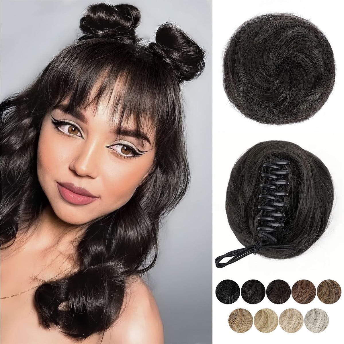 BOGSEA 2PCS Space Buns Hair PiecesMini Claw Clip in Hair Bun Hair Pieces Synthetic Scrunchies Princess Leia Buns Hair Extension Space Buns Clip in Hair Pieces for Women (Brown Black)