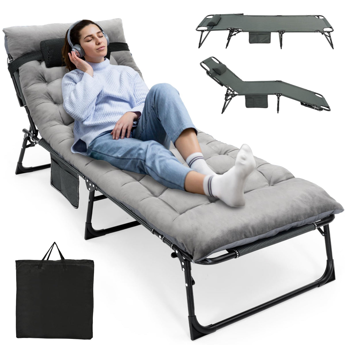 ropoda Camping Cot Adjustable 4-Position Folding Cot with Cozy Mattress Lawn Chair Camping Cots for Adults with Breathable Fabric Steel Frame Lounge Chair for Camping Spare Bed Patio