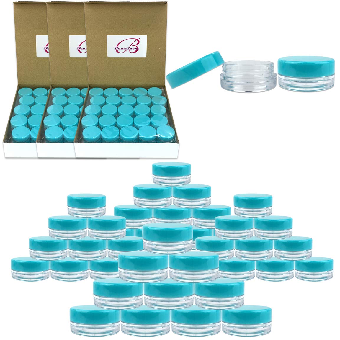 Beauticom (200 Pieces Jars + Lid) 3G/3ML Round Clear Jars with TEAL Sky Blue Screw Cap Lids for Scrubs Oils Toner Salves Creams Lotions Makeup Samples Lip Balms - BPA Free