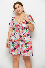 Printed Deep V-Neck Dress with Elastic Waist