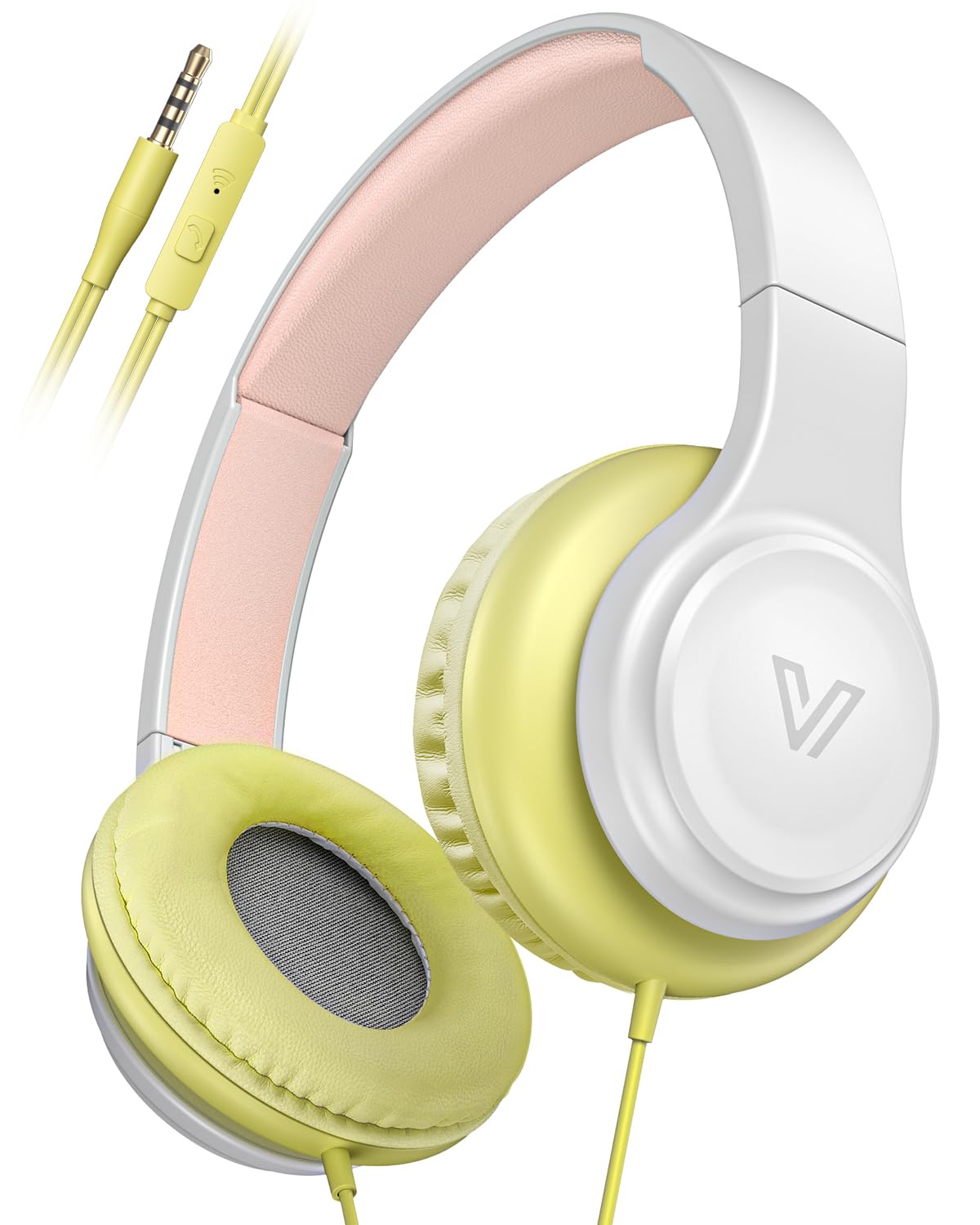 VOXii GE01 On-Ear Headphones with Microphone Lightweight Folding Stereo Bass Headphones w/ 1.2M Cord Portable Wired Headphones for Smartphone Tablet Computer Headphones for Kids for School (YELLOW)