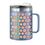 OGGI ThermoMug Stainless Steel Insulated Mug- Double Wall Vacuum Insulated w/Handle & Lid Coffee Cup Camping Mug Travel Thermos 14oz(420ml) Happy Flowers