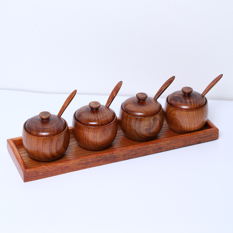Vintage Wooden Spice Jar Set for Kitchen Storage