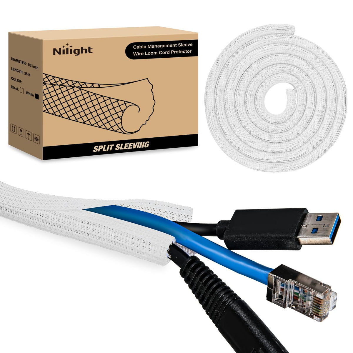 Nilight Cable Sleeve 25ft-1/2inch Cable Management Sleeves Braided Cable Sleeving Split Self Wrapping Wire Loom for Computer Cable Electrical Wire Automotive Harness Protector Organizer White