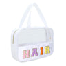 Chenille Letter Patch Clear BagPreppy Multi-purpose PVC&Nylon Clear Makeup Bag with HandlesLarge Travel Makeup Toiletry Storage Zipper Pouch Tote Bag for Women (White-HAIR)