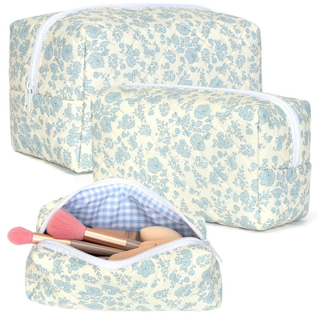 Aintmax 3 PCS Quilted Makeup BagCute Floral Cotton Coquette Cosmetic BagLarge Travel Toiletry Bag Makeup Brushes Storage Organizer for Women-Blue Plum Blossom