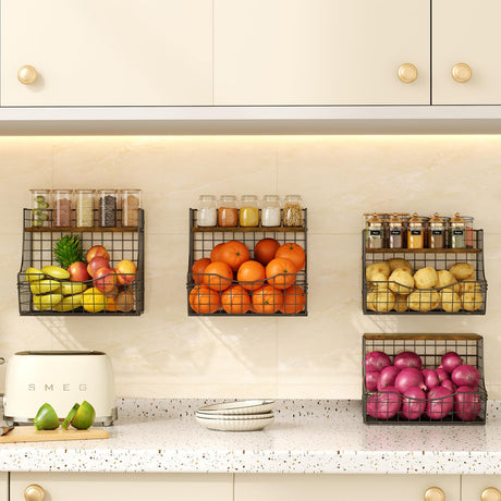 Jautokerdar Fruit Basket for Kitchen with Lid Counter&Wall Mounted Hanging Fruit Basket Potato and Onion Storage Metal Wire Fruit and Vegetable Storage Snack Organizer 4 Pack(small and large)