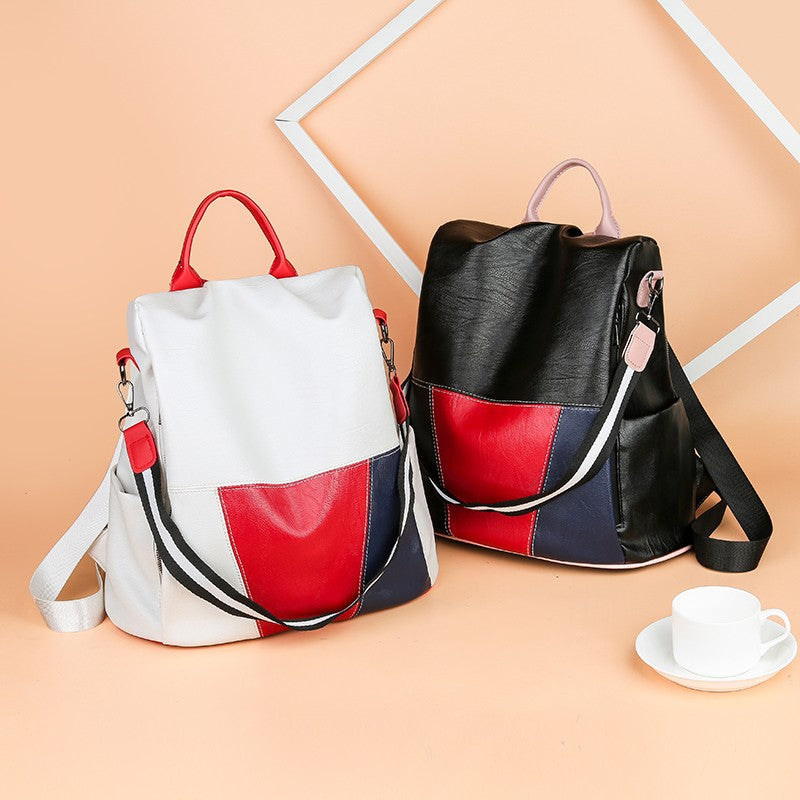 Women's Color Block Large Capacity Soft Leather Backpack