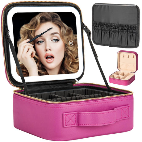 Extrei Gent Makeup Travel Train Case with Mirror LED Light 3 Adjustable Brightness Cosmetic Bag Portable Storage Adjustable Partition Waterproof Makeup Brushes Makeup Jewelry Gift for Women