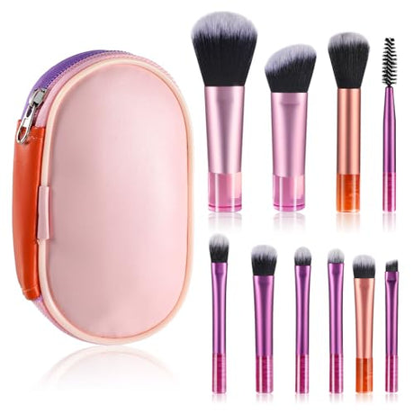 10 Pcs Travel Makeup Brush Set Travel Size Mini Makeup Brushes With Pack Make Up Brushes Portable Small Eyeshadow Foundation Shadow Contour Blush Concealer Brush Colorful Pink