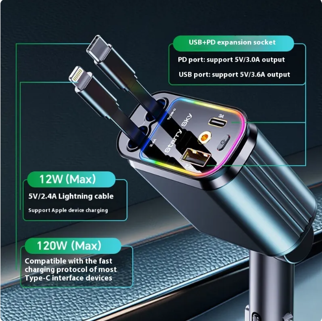 Starry Sky Flexible Wire Car Charger, 120W Fast Charging (Type-C & Apple Compatible)