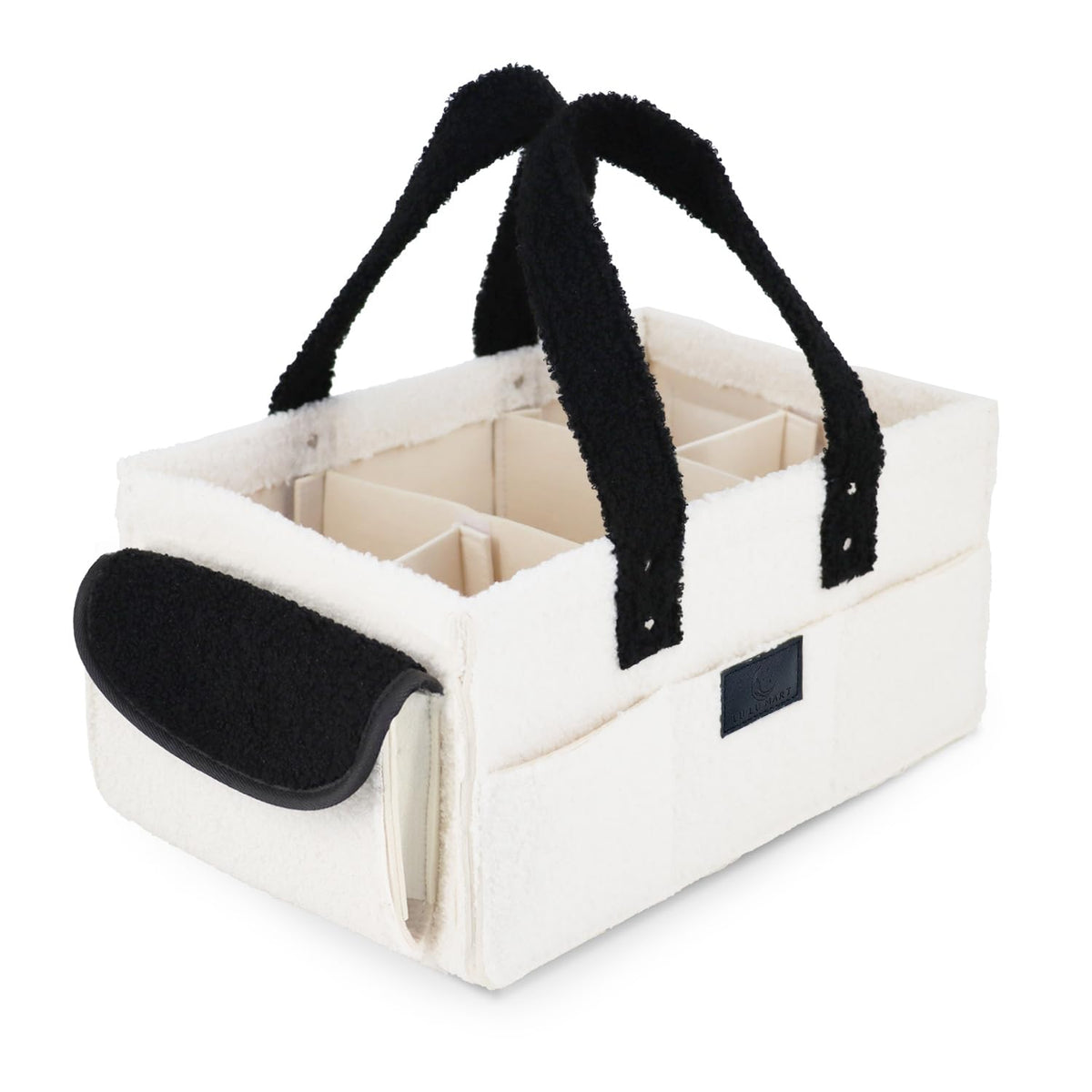 Lu Lu Mart Diaper Caddy - large baby organizer with plush teddy fabric nursery storage bin car organizer for diapers and baby wipes and nursery toy bag in white and black trim