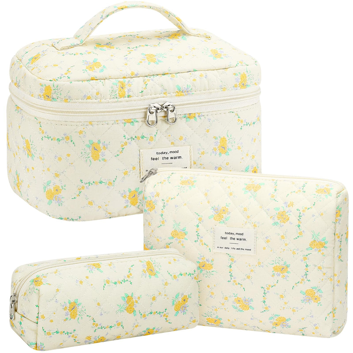 Mossio Quilted Cotton Makeup Bag - Large Floral Cosmetic Bag Cute Toiletry Organizer Flower Travel Essentials for Women & Girls (Yellow Daisy)
