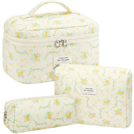 Mossio Quilted Cotton Makeup Bag - Large Floral Cosmetic Bag Cute Toiletry Organizer Flower Travel Essentials for Women & Girls (Yellow Daisy)
