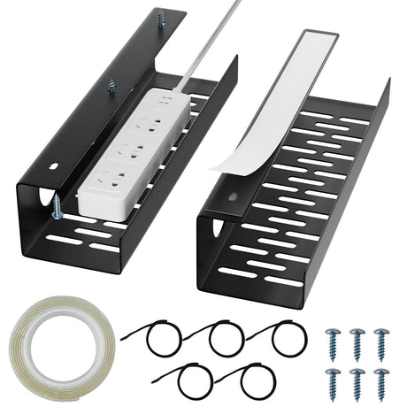 Self-Adhesive Under Desk Cable Management Tray 2 Pcs Steel Under Desk Wires Organizer Power Strip Management No Drill Under Table Organizer for Cable Storage Holder for Office Home Desk/Table
