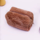 Solid Pink Plush Cosmetic Bag for Women - Travel Organizer