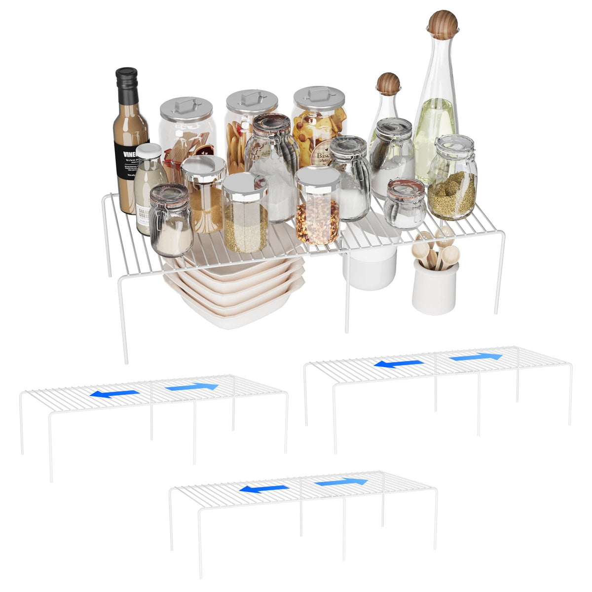 DPZM Expandable Storage Shelf Pantry Organizers and Storage Adjustable Rustproof Metal Wire Spice Rack Space Saver Kitchen Storage Shelves for Pan Pot Countertop Drawer Fridge Set of 4 White
