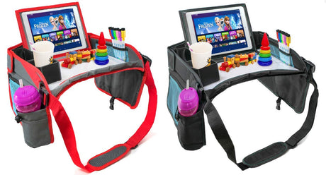 2 PK - Kids Car Seat Activity Tray | Inspire Active Toddlers & Big Kids for Years! Dry-Erase White Board & Eating Snack Travel Tray with No-Drop Tablet iPad Holder Stand & Art Supplies Storage Pocket