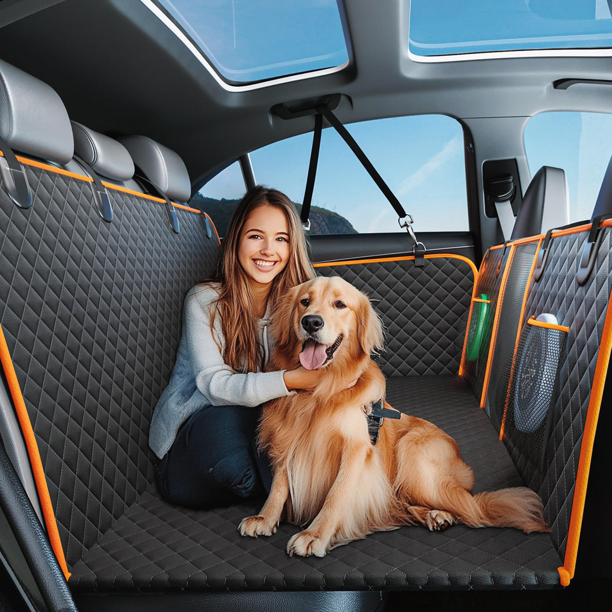 lufebut Hard Bottom Holds 420LBS Dog Car Seat Cover for Back Seat Back Seat Extender for Dogs Back Seat Extender for Car Travel Bed with Mesh Window and Storage Pocket SUV Truck