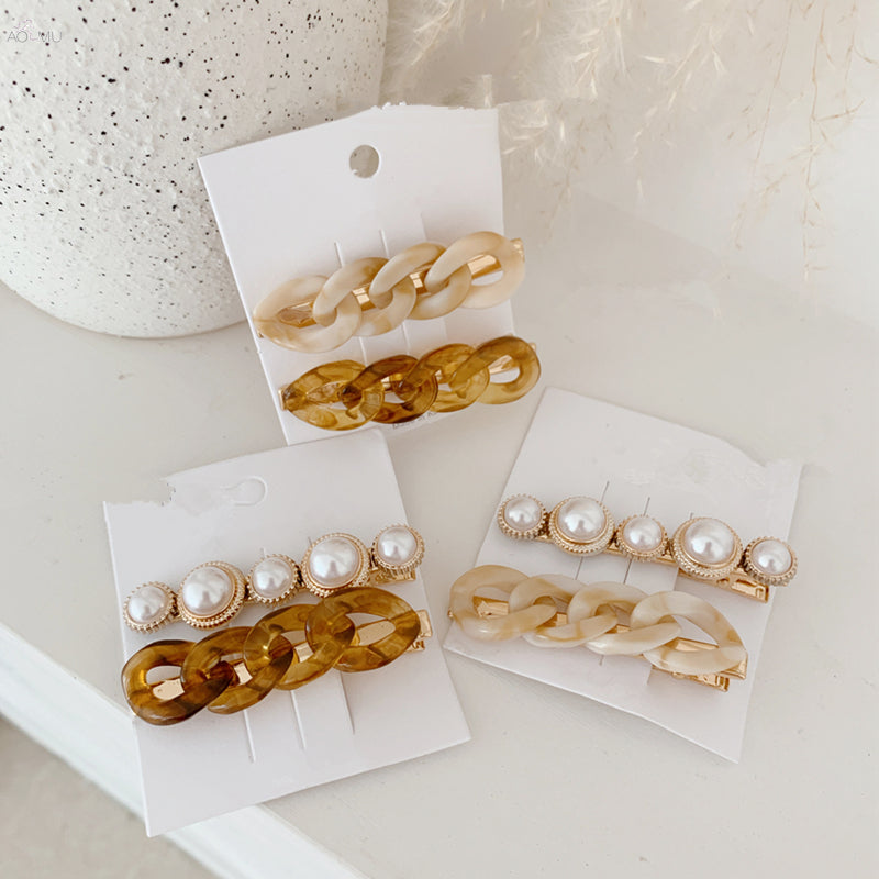 Trendy Pearl Chain Hair Clip Set - Korean Hair Accessories