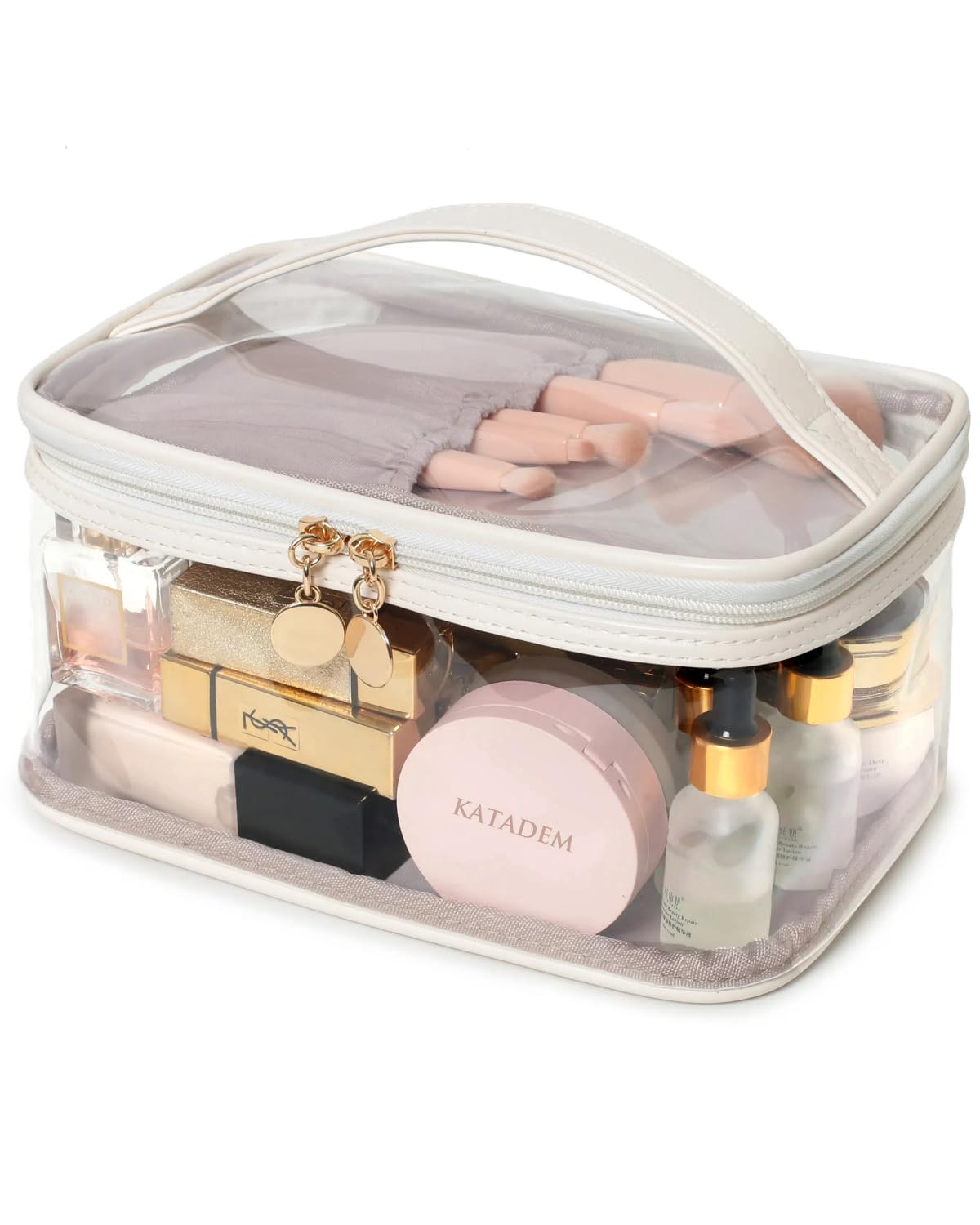 Katadem Clear TPU Travel Makeup Organizer with Separate Brush Compartment Large Cosmetic Bag Portable Toiletry Bag for Women (Beige)