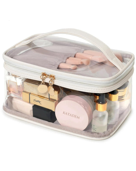Katadem Clear TPU Travel Makeup Organizer with Separate Brush Compartment Large Cosmetic Bag Portable Toiletry Bag for Women (Beige)