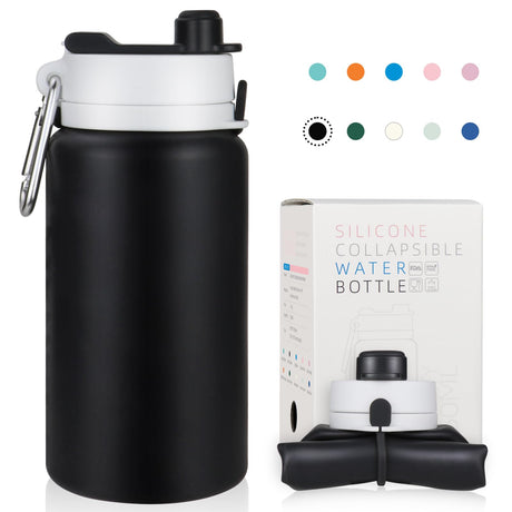 PLTCAT Collapsible Water Bottle 19oz Foldable Water Bottle BPA Free Reusable Lightweight Leak-Proof Travel Silicone Water Bottle for Travel Gym Hiking Office Camping（Black）