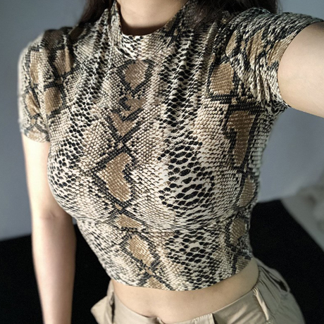 Snake Print Short Sleeve Crop Top for Women