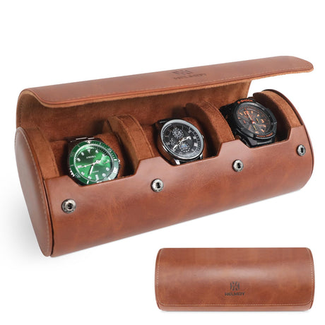 HELMDY Watch Roll Travel Case for Men and Women: 3 Watch Travel Roll - Storage Box Organizer and Display Case for Wristwatches & Smart Watches up to 50mm (Brown)