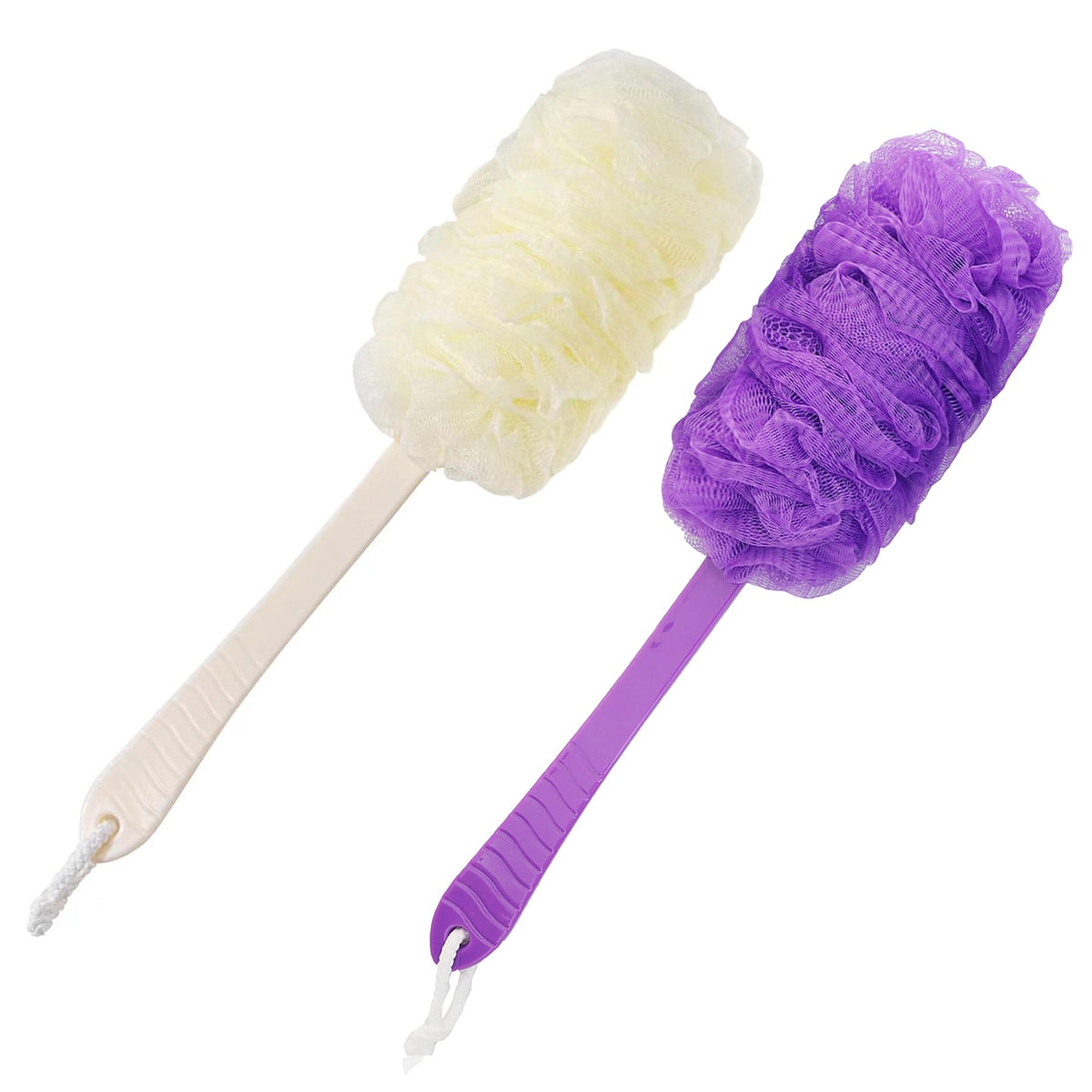 Back Scrubber Brush Long Handle for Shower Loofah On a Stick Sponge Back Brush Body Exfoliator Scrubber Bath Brush for Men Women Exfoliating Cleaning Back Scrubber for Elderly (2 Pack-Purple+White)
